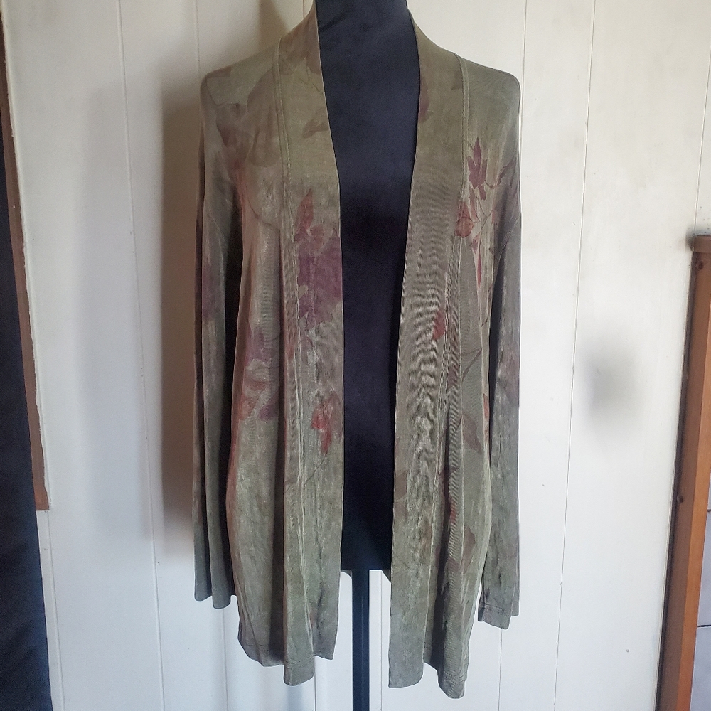 Softwear By Mark Singer Womens Acetate Cardigan Olive Green W/Leaf Design Size S